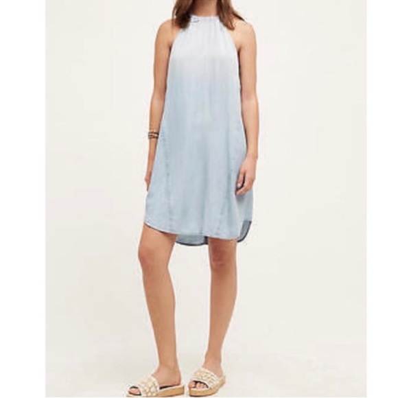 Anthro ombré light blue chambray halter midi dress w/ drawstring neck Sz L - Picture 9 of 10